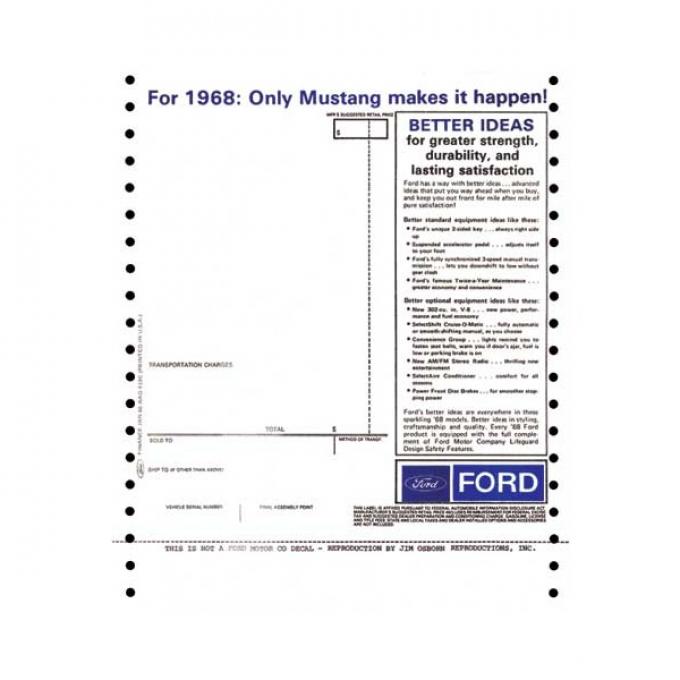 Ford Mustang New Car Window Price Sticker