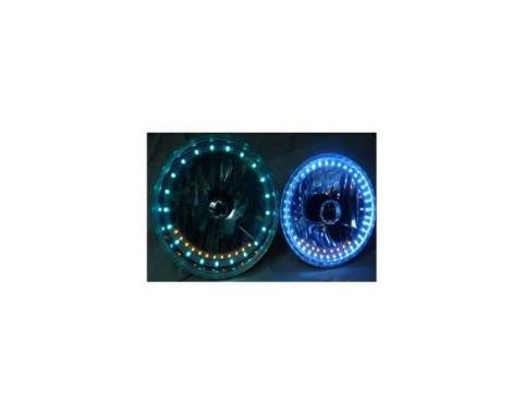 Chevelle Headlight, 7 Inch Round White Diamond With Single Color White LED Halo And Turn Signals, 1971-1975