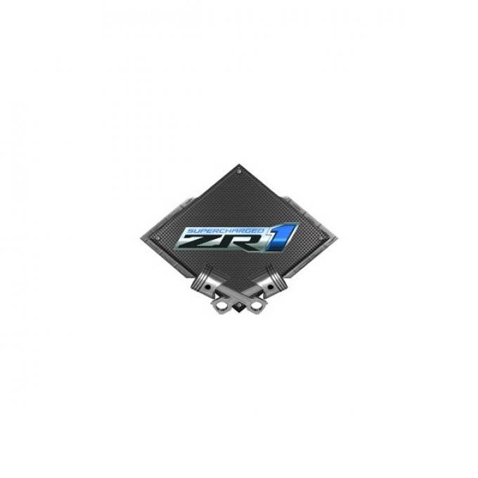 Corvette ZR1 Supercharged Emblem Metal Sign, Black Carbon Fiber, Crossed Pistons, 25" X 19"