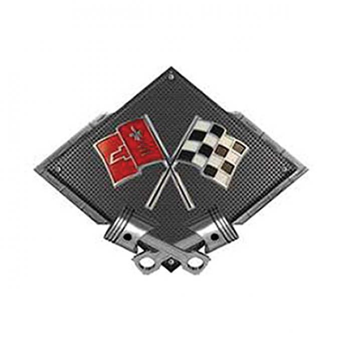 Corvette C2 Crossed Flags Emblem Metal Sign, Black Carbon Fiber, Crossed Pistons, 25" X 19"