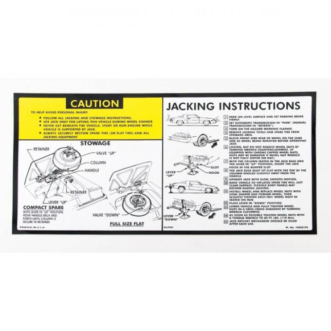 Camaro Jacking Instructions Decal, 1981