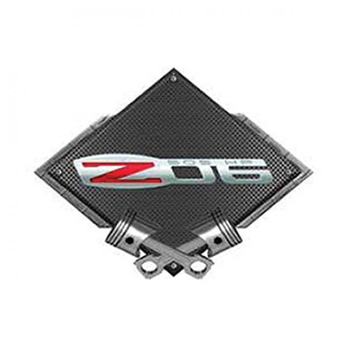 Corvette Z06 505 HP Emblem Metal Sign, Black Carbon Fiber, Crossed Pistons, 25" X 19"