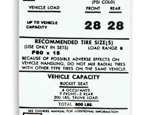 Camaro Tire Pressure Decal, 1973-1974