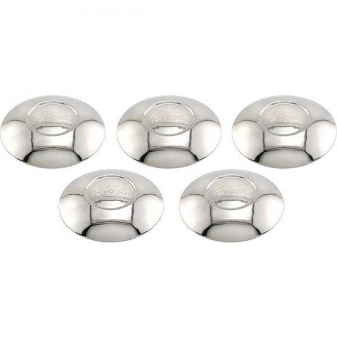 Model A Ford Hub Cap Set - 5 Pieces - Stainless Steel - Ford Script - Fits 3-3/4 Rim Opening - Show Car Top Quality