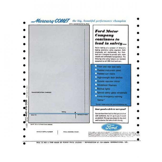 Window Price Sticker - New Car - Comet & Montego