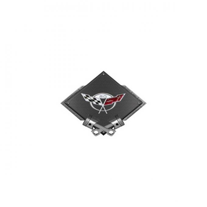 Corvette C5 2003 50th Anniversary Emblem Metal Sign, Black Carbon Fiber, Crossed Pistons, 25" X 19"