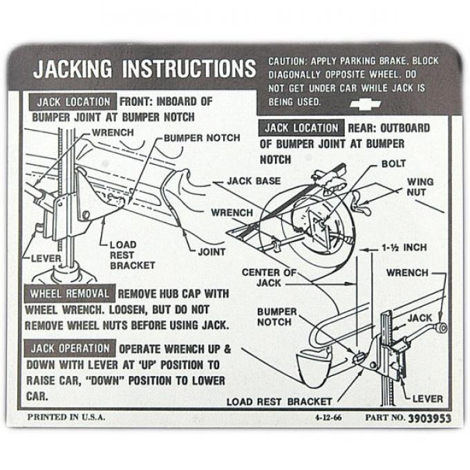 Full Size Chevy Jack Stowage & Jacking Instructions Sheet, Hardtop & Sedan, 1967