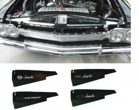 Full Size Chevy Core Support Filler Panels, Clear Anodized (Silver Satin), With Logo/Design, 1963