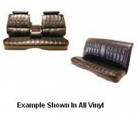 Chevelle Seat Covers, Front Straight Bench Split Back, WithHeadrests & Armrest & Rear Bench Seat, Madrid Grain Vinyl &Regal Velour Inserts, Malibu 2-Door Coupe, 1973-1977 | 4562 Med. Blue Oxen & 2309 Med. Blue Madrid
