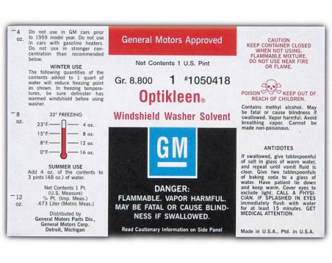 Full Size Chevy Washer Jar Label, Optikleen, 1961-1967