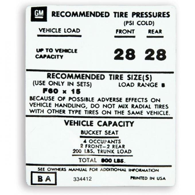 Camaro Tire Pressure Decal, 1973-1974