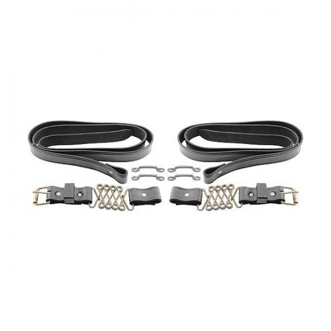Model T Ford Hood Straps - Black Leather - Stainless Steel Springs - Brass Buckles & Footman Loops - For Speedster