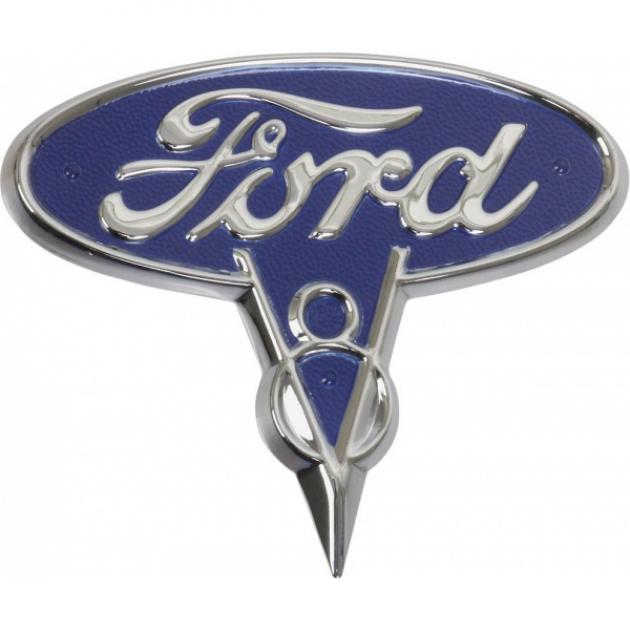 Ford Script Pickup Emblem Hood Oval With V8 Chrome BlueBackground