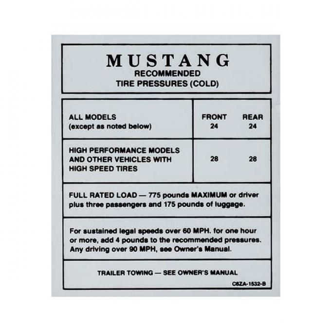 Ford Mustang Decal - Glove Box Tire Pressure