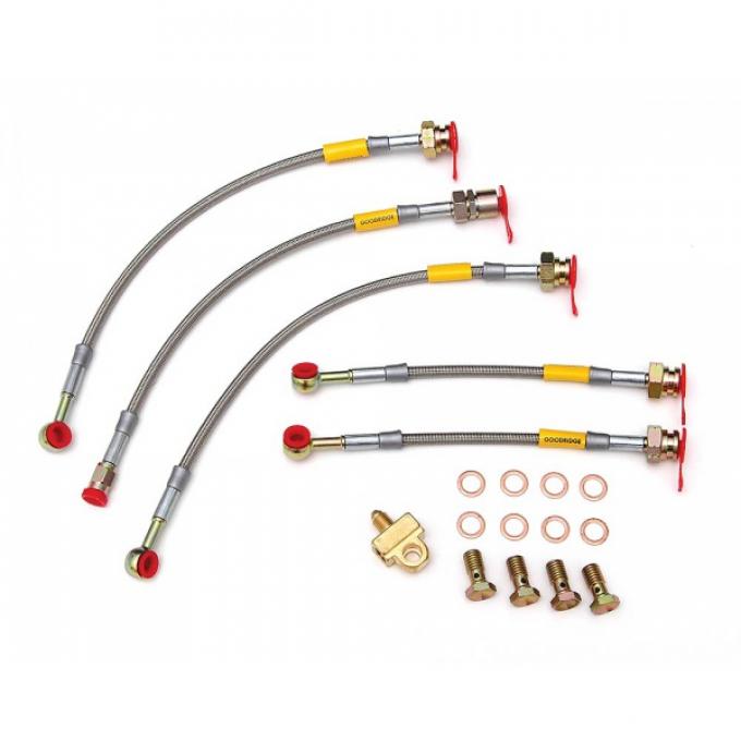 Camaro Braided Disc Brake Hose Kit, Stainless Steel, With Rear Drum Brakes, Goodridge, 1984-1992