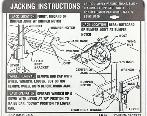 Full Size Chevy Jack Stowage & Jacking Instructions Sheet, Hardtop & Sedan, 1967