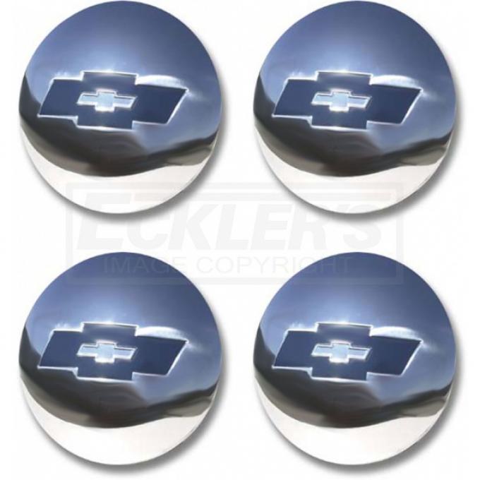 Chevy Truck Hub Cap Set, Polished Stainless Steel, With Blue Painted Details, 1954-1955