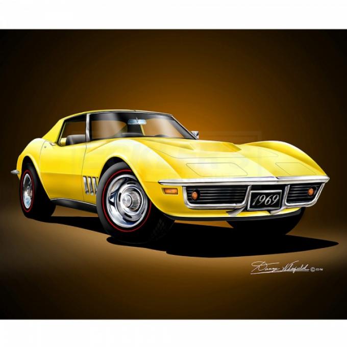 Corvette Fine Art Print By Danny Whitfield, 14x18, 427 Stingray Coupe, Daytona Yellow, 1969