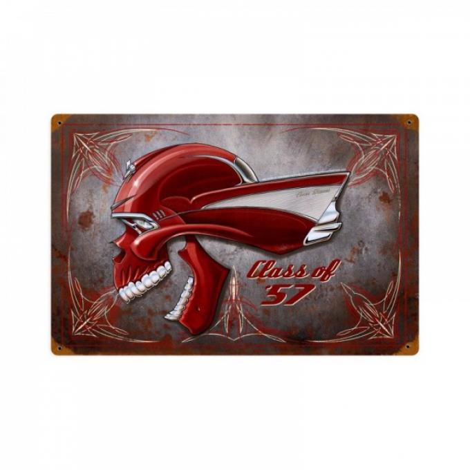 Chevy Skull Metal Sign, Class Of 57 Pinstripe