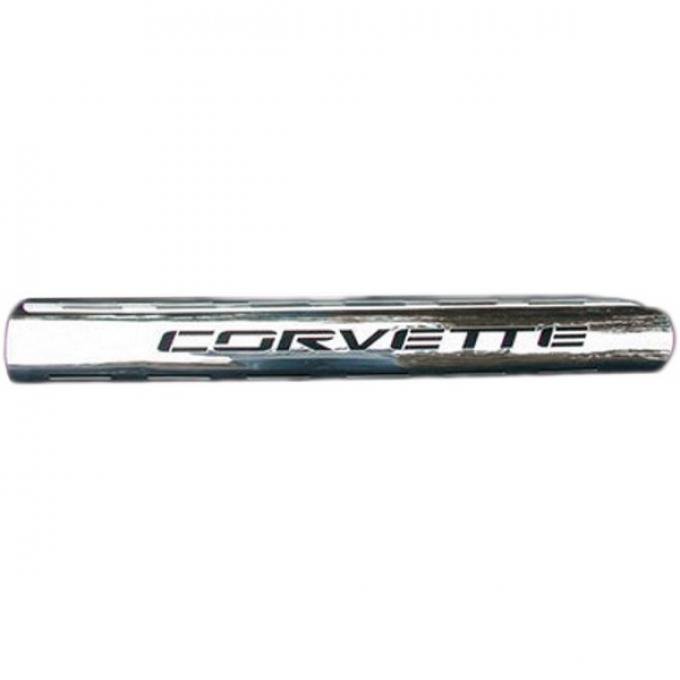 Corvette Side Exhaust Shields, 4" Tube Side, With Bold Corvette Word, Stainless Steel, 1963-1982