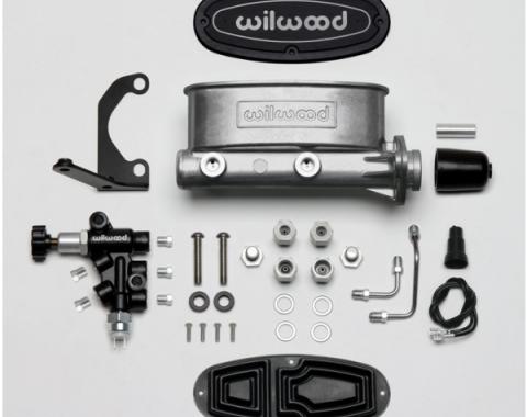 Chevy Wilwood Master Cylinder Kit, Bare Aluminum Tandem, with Bracket & Valve, 1 1/8" Bore 1955-1957