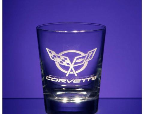 Corvette Glass, Heavy Base Double Old Fashioned, Set Of Four, 13 Ounce, 1953-2013 Corvette Designs | Corvette Glass, 13 Ounce Heavy Base Double Old Fashioned, Set Of Four, 1984-1990 Pennant With Corvette Lettering