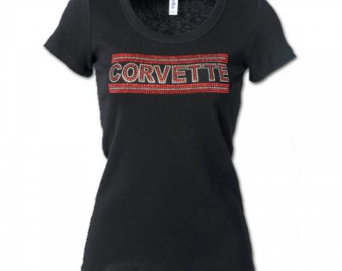 Corvette Rhinestone Ladies Tee Shirt, Black With Red Rhinestones