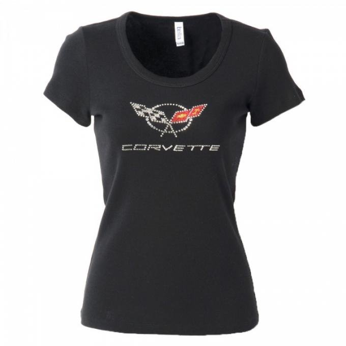 Corvette C5 Corvette Logo Rhinestone Ladies Tee Shirt, Black