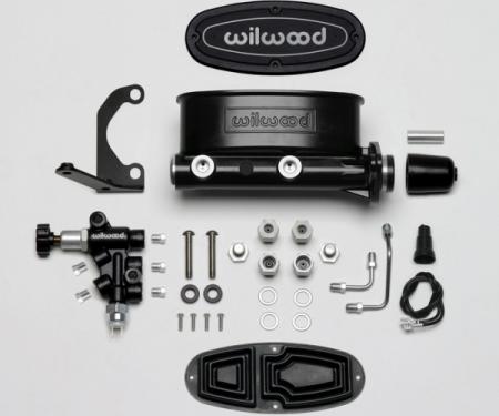 Chevy Wilwood Master Cylinder Kit, Tandem, Black Electrocoated Aluminum, with Bracket & Valve, 1 1/8" Bore 1955-1957