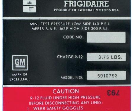 Corvette Decal, Air Conditioning Compressor Frigidaire, 1972