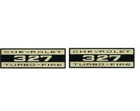 Full Size Chevy Valve Cover Decals, 327ci Turbo-Fire, Embossed Aluminum, 1962-1964