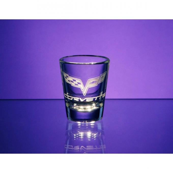 Corvette Shot Glass, Tapered, 1.5 Ounce, 1953-2013 CorvetteDesigns | Corvette Shot Glass, Tapered, 1.5 Ounce, 2010-2013 Crossed Flags With Grand Sport Lettering