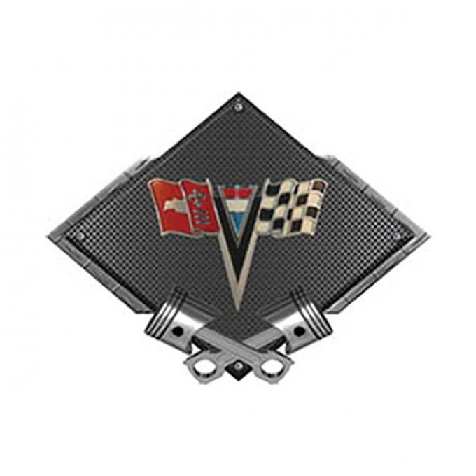 Corvette C2 1963-1964 Emblem Metal Sign, Black Carbon Fiber, Crossed Pistons, 25" X 19"