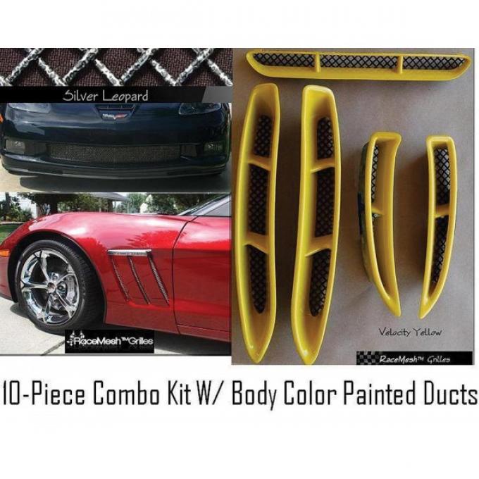 Corvette C6 Grand Sport Custom RaceMesh&reg; 10-Piece Grille Combo Kit Silver Leopard Mesh, W/ Body Color Painted Ducts,20