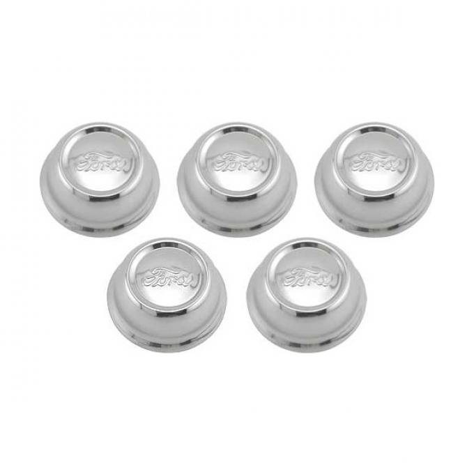 Model A Ford Hub Cap Set - 5 Pieces - Stainless Steel - Ford Script - Fits 2-5/8 Rim Opening - Reproduction