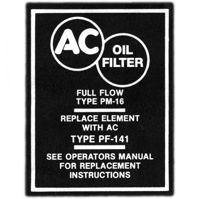 Full Size Chevy Oil Filter Decal, Canister PF141, 1958-1964