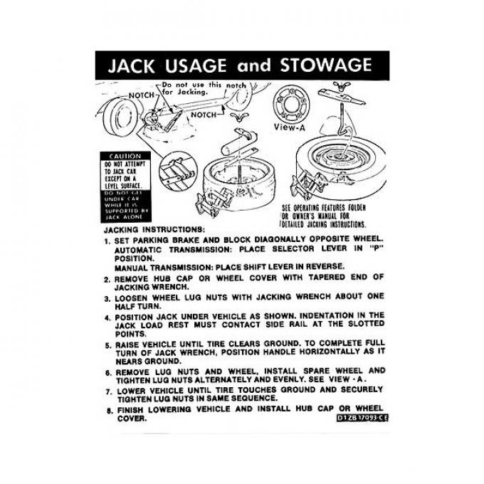 Ford Mustang Decal - Jack Instruction - Regular And Space Saver Spare