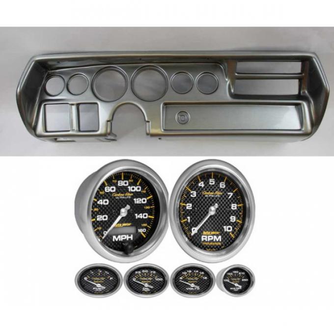 Chevelle Instrument Cluster Panel, Sweep Style, Aluminum Finish, With Carbon Fiber Series Gauges, 1970-1972