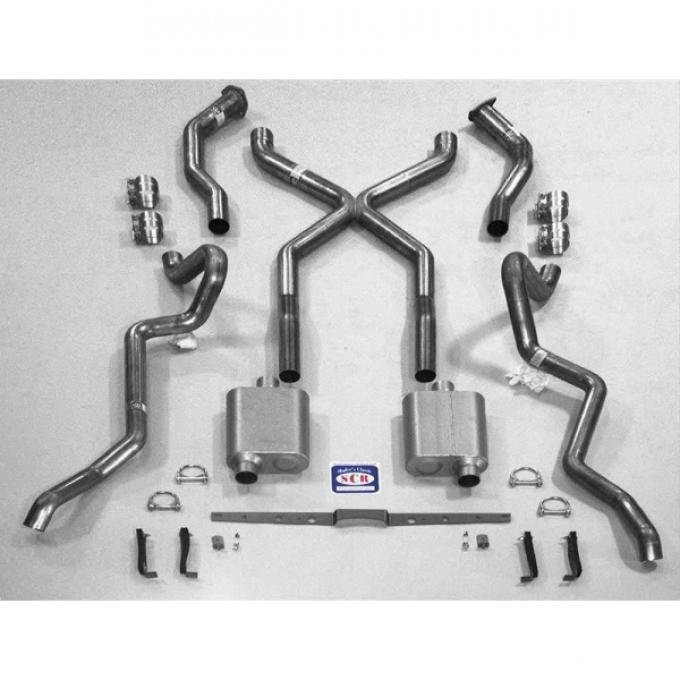 Chevy SCR "X" Quickflow Performance Dual 2-1/2" Exhaust System, With Corner Exit Tailpipes, For Use With 3/4 Length Shorty Headers, Small Block Stainless Steel, 1955-1957