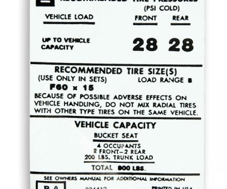 Camaro Tire Pressure Decal, 1973-1974