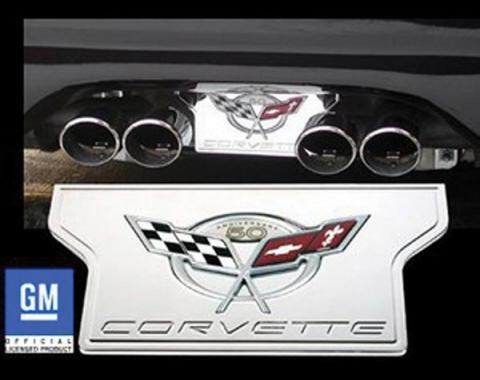 Corvette Exhaust Filler Plate, Chrome Plated Billet Aluminum With 50th Anniversary Logo, 2003