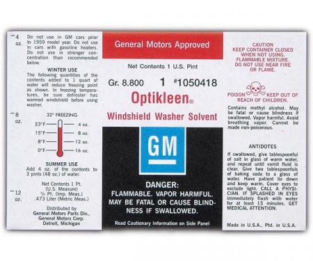 Full Size Chevy Washer Jar Label, Optikleen, 1961-1967