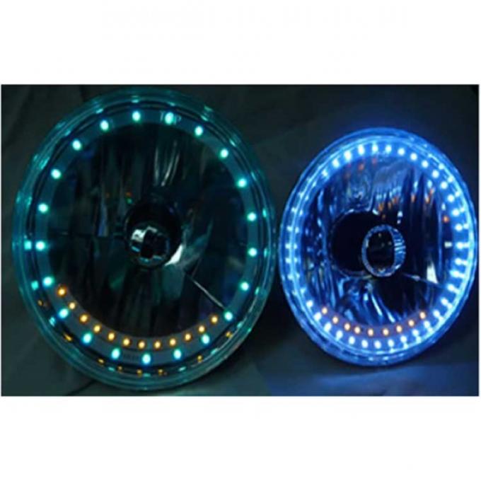 Camaro Headlight, 7 Inch Round White Diamond With Multi-Color LED Halo And Turn Signals, 1967-1981