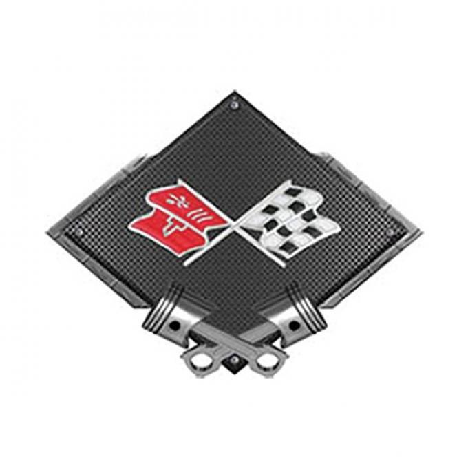 Corvette C3 Crossed Flags Emblem Metal Sign, Black Carbon Fiber, Crossed Pistons, 25" X 19"