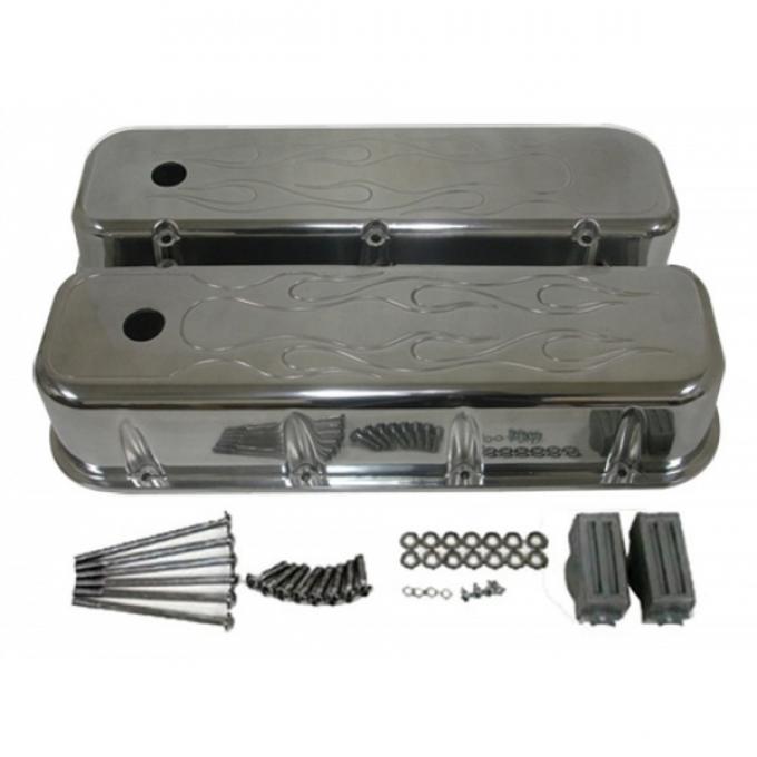 Chevy Big Block Valve Covers, Flamed Polished Aluminum, 1965-1995