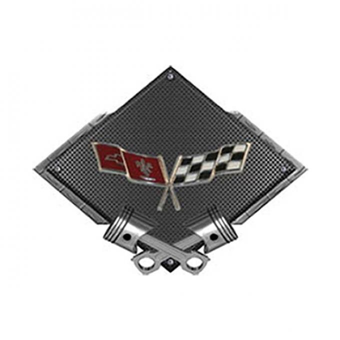 Corvette C3 1977-1979 Crossed Flags Emblem Metal Sign, Black Carbon Fiber, Crossed Pistons, 25" X 19"