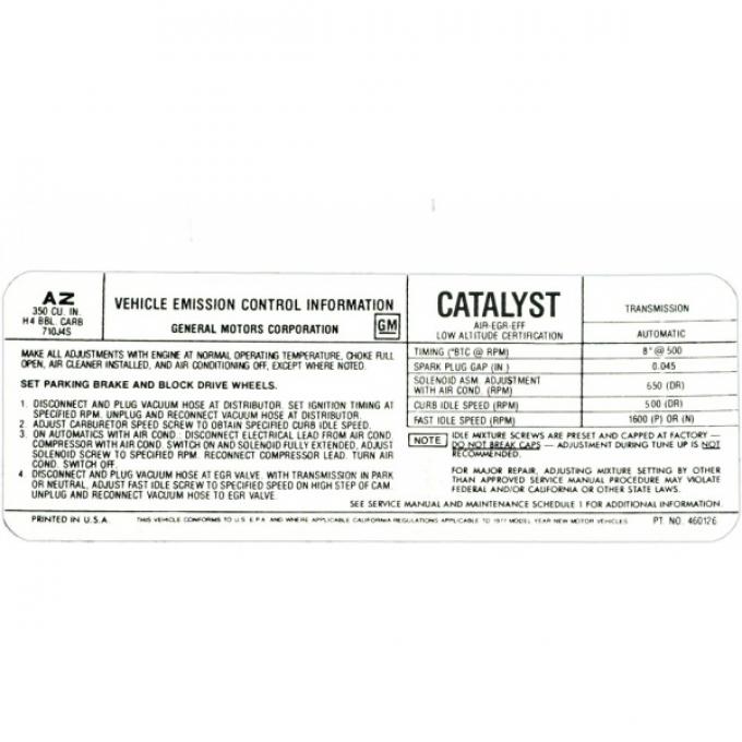 Corvette Emission Control Decal, L48, California, 1977