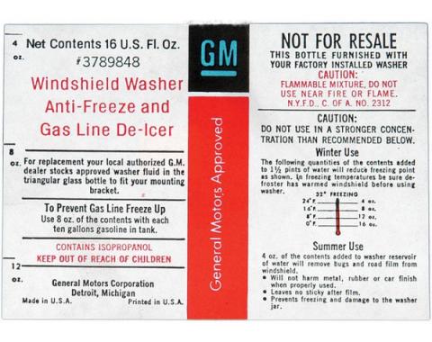 Full Size Chevy Windshield Washer Filler Bottle Label, 1967-1975
