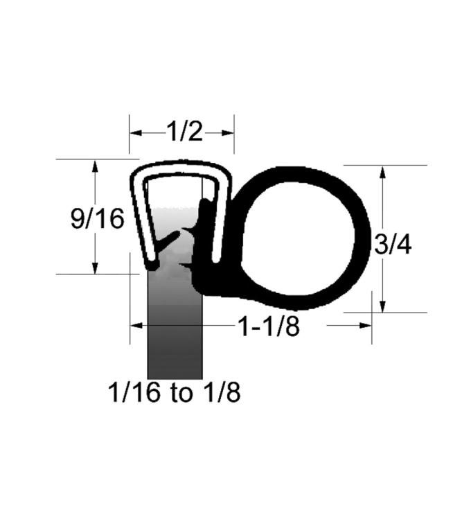 Precision Universal Bulb Seal with rubber covered wire core push-on u-channel UWS 160 R-250