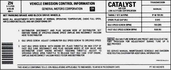 Camaro Z28 350CI with Manual Transmission and Federal Smog Emissions Decal, ZN, 1980